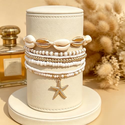 Beach shell sea star sea bead anklet set for Women, adjustable gold-plated Bohemian shell bracelet for ankle Fashion Layered anklet - color: Starfish 7Pcs