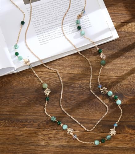 FULU AUTUMN Boho Gold Long Necklaces for Women Natural Stone Beaded Layered Long Necklace Mothers Day Gifts Dainty Flower Costume Jewelry for Women - color: Jade Green