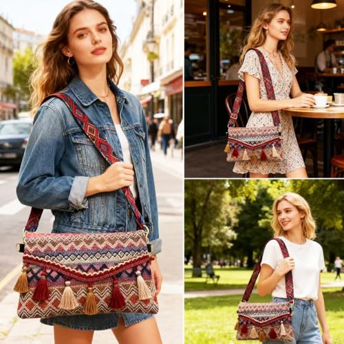 Boho Embroidery Crossbody Bags For Women Travel With Tassel Trim, Fanny Packs For Women, Tribal Pattern, Multi-Color Geometric Design, Decorative Fringe Cell Phone Bag(Red Rose) - color: Red Rose
