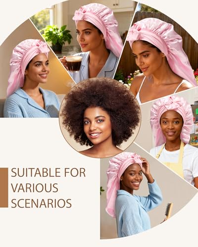 AWAYTR Long Satin Bonnet for Braids - Elastic Silk Hair Bonnets for Sleeping Night Cap Stretchy Tie Band for Women（Pink） - color: Pink