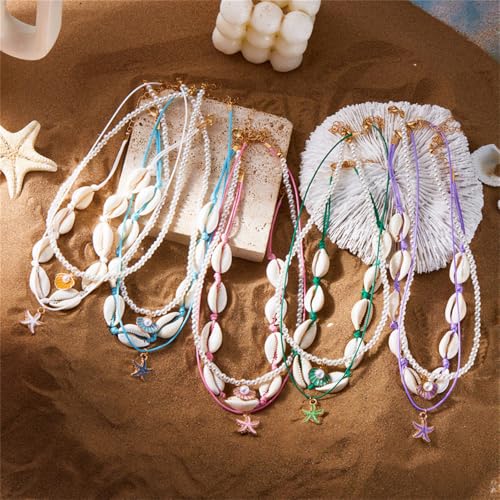 Shell Beach Choker Necklace Set for Women Boho Layered Beaded Adjustable Starfish Conch Shell Nacklace Imitaion Pearl Rice Beads Necklace Summer Ocean Vacation Jewelry - color: Green