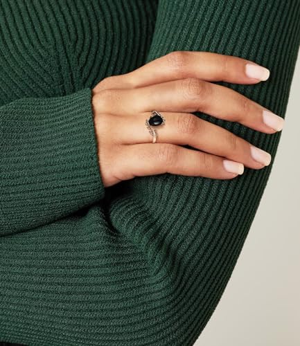 Genuine Turquoise Ring for Women Western Oval Gemstone Jewelry 925 Sterling Silver Leaf Bohemian Boho for Her Wife Mom - color: Black Onyx