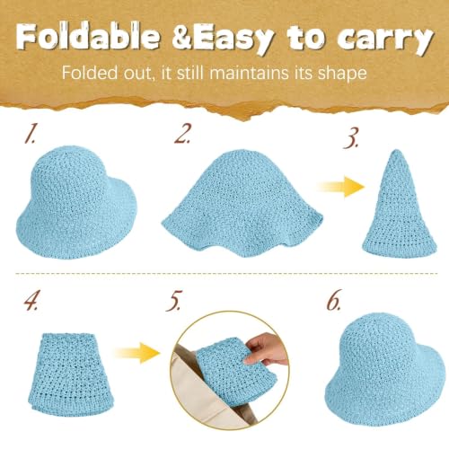 Sun Hat for Women Beach Hat Straw Bucket Hat Summer UV Protection, Packable Breathable Crochet Style - color: 1pack-light Blue