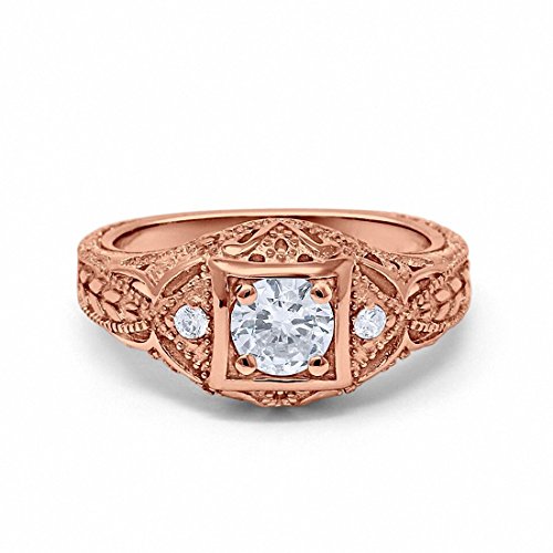 Blue Apple Co. Art Deco Ring Round Cubic Zirconia Leaf Filigree Design Split Shank Twisted Band Bridal Statement Wedding Engagement Rings For Women 925 Sterling Silver Gifts For Her - color: Rose Tone, Simulated Cubic Zirconia