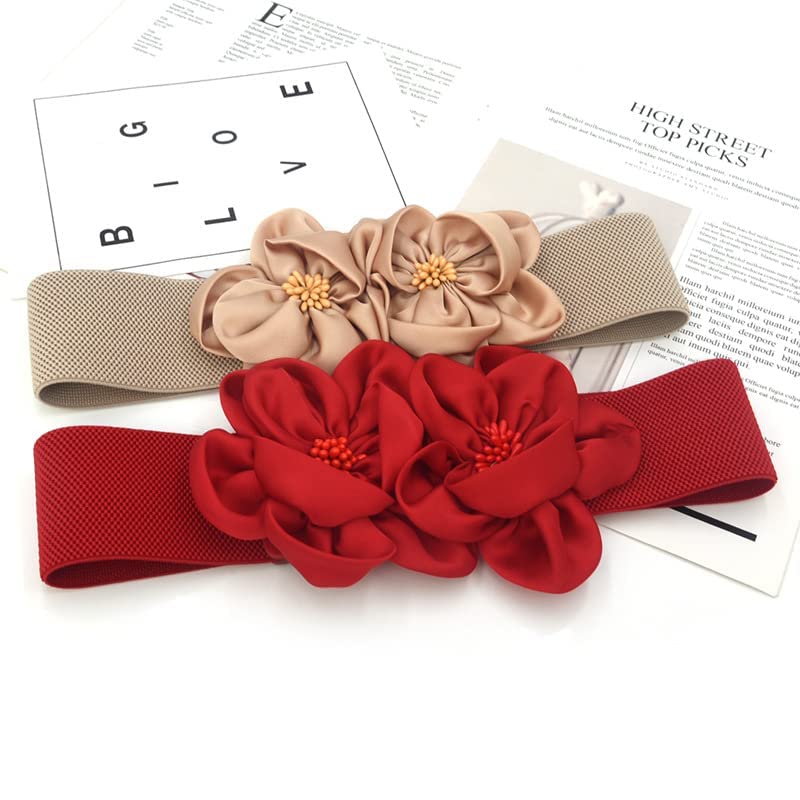 ALAIX Women's Wide Belt Stretchy Chunky Waist Belt Dress Belts Big Flower Cinch Belts Elastic Belts for Women - color: Red, size: Fits Waist (35~38 inches)