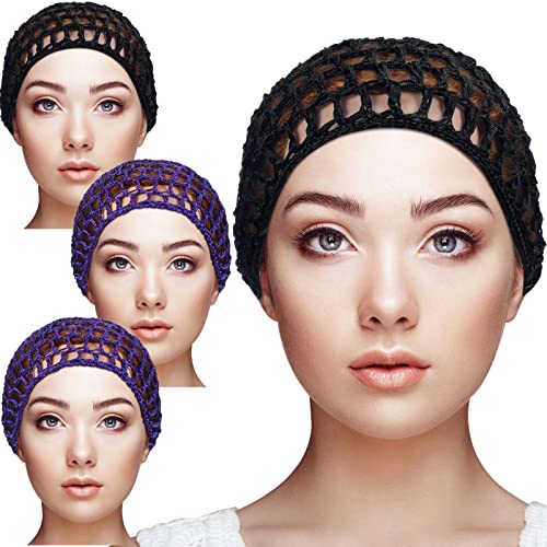 Geyoga 4 Pieces Mesh Crochet Hair Net Rayon Knit Snood Hat Thick Short Women Hairnet Snoods Cover Ornament for Sleeping (Black, Purple) - color: Black, Purple