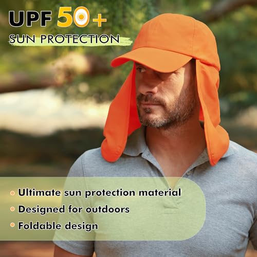 Tirrinia Wide Brim Sun Hat with Neck Flap for Men & Women, Breathable Hiking Fishing Safari Hat, Outdoor UV Protection Cap - color: Orange