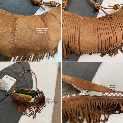 Women's Vegan Suede Fringe Crossbody Bag, Boho Crescent Shoulder Crossbody Purse, Retro Tassel Hippie Small Handbag Tote - color: Brown