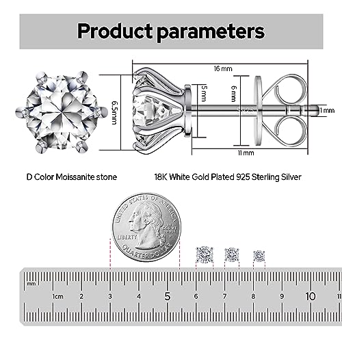 Moissanite Stud Earrings for Women, 18K White Gold Plated S925 Sterling Silver Hypoallergenic Diamond Earring, Lab Grown Diamond Earrings - size: 2ctw(1ct*2)-6.5mm