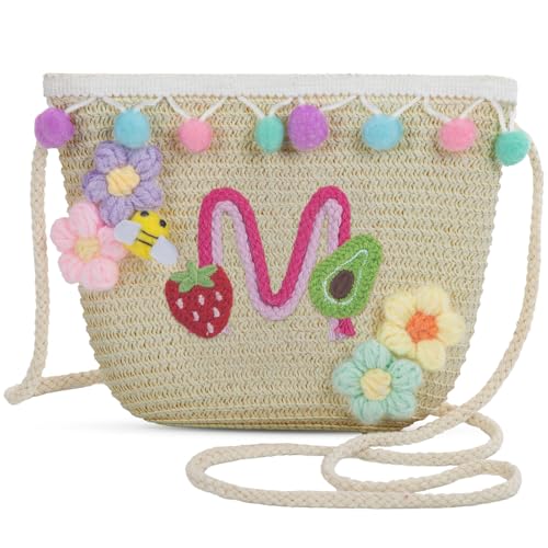 Letter Small Woven Straw Summer Beach Tote Bag for Women 2025,Woven Straw Beach Purse Shoulder Crossbody Bag for Women 2025 - color: Brown M