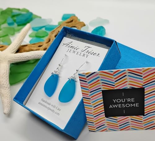 Popular Recycled Sea Glass Earrings on Sterling Silver Hooks - color: Vivid Aqua