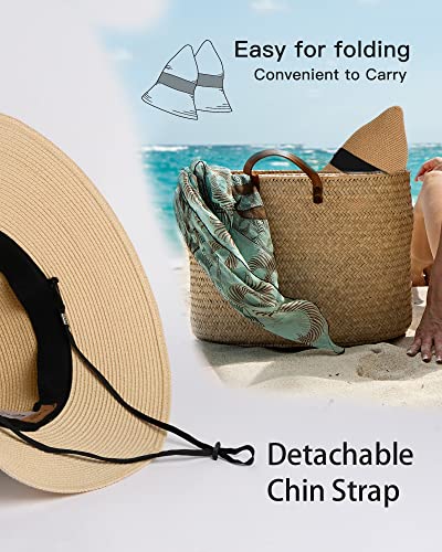 FURTALK Womens Beach Sun Straw Hat UV Protection Travel Packable Foldable Brim Summer UV Hat - color: Khaki-deep Coffee, size: Medium-Large