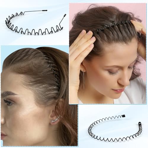 6PCS Metal Hair Bands, Spring Wavy Hoop Unisex Black Headband Slicked Back Non Slip Sports Hairband for Women Men… - color: 6 pcs