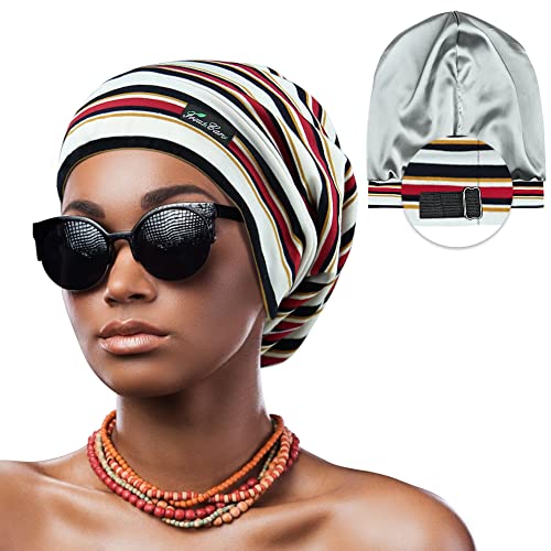 Adjustable Satin Lined Sleep Cap for Dreadlocks Curly Hair Large Head-Stay On Overnight - color: Multicolor