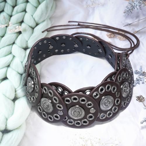 Women Western Disc Belt Boho Disk Concho Leather Belts Adjustable Knot Tie Waist Belts for Dresses - color: Coffee