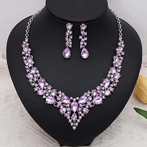 CSY 4 Pcs/Set Austrian Crystal Necklace Earrings Bracelet Ring Bridal Jewelry Sets for Brides Wedding Party Costume Accessories Gifts for Women - color: white gold plated-violet