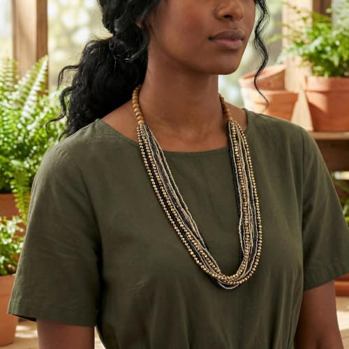 Coiris Chunky Statement Necklaces for Women Boho Multi Long Layered Strand Beaded Necklace for Women Handmade Crystal Beach Jewelry Gift - color: Black Gold