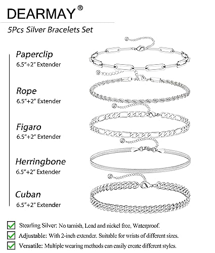 Dearmay Gold Bracelets for Women Waterproof, 14K Gold Plated Minimalist Bracelets Stack Non Tarnish Trendy Dainty Herringbone Vintage Cuban Paperclip Rope Thin Box Link Chain Stackable Jewelry Sets Modern Fashion Accessories Gifts for Womens - style: 5Pcs