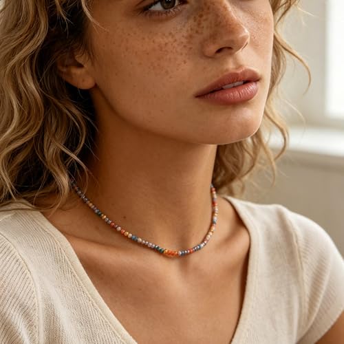 JSJOY Tiny Crystal Beaded Choker Necklaces for Women Colorful Beaded Necklace Dainty Choker Necklaces Simple Boho Jewelry Gifts for Teens Handmade Shining Bead Necklaces Gifts - color: Gray