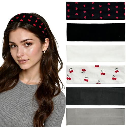 6 PCS Heart Cherry Print Headbands for Women Non Slip Soft Elastic Wide Headband Fashion Yoga Workout Hair Accessories - color: Cherry Print