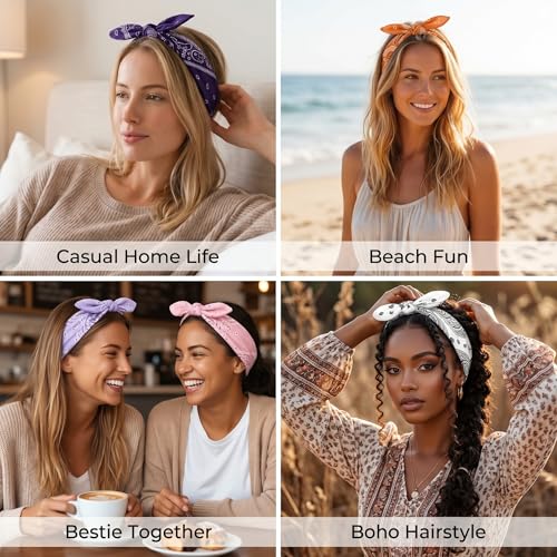 WILLBOND 13 Pieces Bandana Headband for Women Paisley Hair Bandanas Boho Bow Headbands Elastic Knot Rabbit Ear Head Wrap Cute Hair Accessories for Women 7.87x2.75 Inch(Fresh Color) - color: Fresh Color