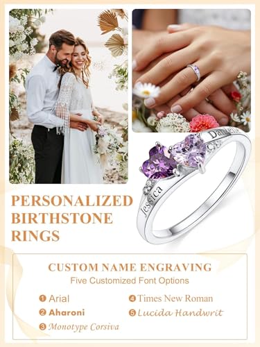 Custom4U Personalized 1-4 Birthstone Rings for Women Promise Rings for Her Sterling Silver Mothers Ring Customized Cubic Zirconia Stones Wedding/Valentine's Day/Mother's Day Jewelry Gift for Mom Wife - color: A-2 Names-silver