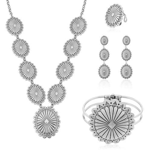 4 PCS Western Turquoise Jewelry for Women Boho Vintage Navajo Pearl Necklace Earring Bracelet Ring Set Country Cowgirl Accessories for Gift - color: J-Silver