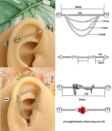 Suotarn 14G Industrial Piercing Jewelry For Women Men Stainless Steel 38 Industrial Barbell Long Cartilage Helix Conch Earrings Stud 14G Gauges Industrial Jewelry Butterfly Heart Cool 7-18pcs - color: mix color 15pcs