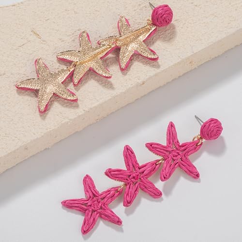 Boho Raffia Earrings Starfish Shell Seashell Dangle Drop Earrings Cute Statemnet Trendy Jewelry Summer Beach Outfits for Women - color: Hot Pink, size: Seastar