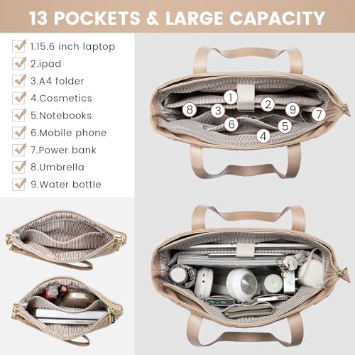 LOVEVOOK Laptop Bag for Women 15.6 inch,Diamond Quilted Work Tote Bags Womens Laptop Computer Shoulder Bags,Stylish Travel Tote Bags Laptop Purse Briefcase Handbag with Clutch Purse,Khaki - color: Khaki(quilted), size: 15.6 Inch