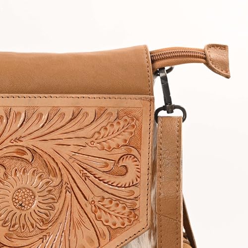 Merbaa Sunset Star Crossbody Bag - Real Cowhide Hairon Women's Handbag with Leather Fringes - color: Tan