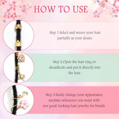 36PCS Pink Crystal Hair Jewelry Butterfly Braids Clips Flower Loc Jewelry Pearl Hair Charms Gold Hair Cuffs Rings Valentine's Day Braids Accessories for Women and Girls - color: Gold&Pink