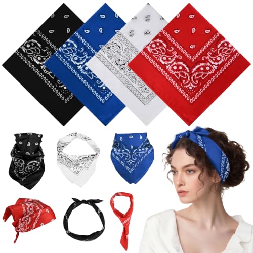 PLULON Bandanas for Men Women 4/12/24/30 Pack, Paisley Pattern Bandana Bulk Headbands Handkerchief Face Mask 100% Polyester - color: White, Red, Black, Blue