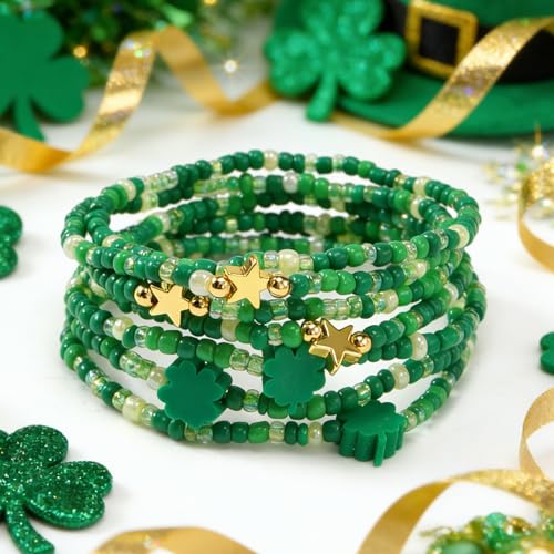 Dainty Gold Beaded Star Bracelets Stack for Women,Handmade Boho Colorful Beads Bracelet Fashion Prom Holiday Jewelry Gift Friendship Family - color: St Patricks Day