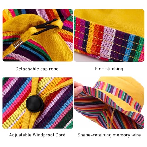 Wide Brim Sun Hat for Women Reversible Beach Hats Metal Wired Edge Gardening Hats, UPF 50+ Bucket Summer Hat - color: Yellow Boho-style