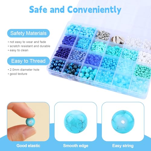 Blue Clay Beads for Bracelet Making Kit, 24 Colors 3500pcs Friendship Bracelet Making Kit, Small Glass Beads for Jewelry Making, Blue Ocean Series Colorful Crystal Beads and Crafts DIY Gifts - color: 24 Color-D