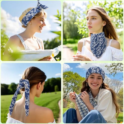 Floral Bandanas for Women Men, 27" x 27" Large Cotton Bandana Headband Head Wraps Hair Scarf for Beach Camping - color: Blue Floral-little Leaf