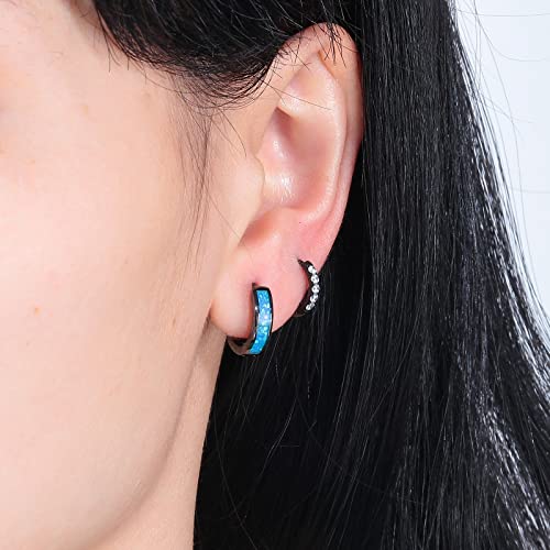 CiNily Huggie Earrings Opal Hinged Hoop Earrings Gold Plated Hypoallergenic Small Hoop Earrings for Women Teen Girls Men Sensitive Ears - color: Blue-Black Gold