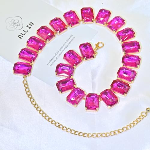 Fashionable Chunky Plated Tennis Rhinestone Statement Necklace Jewelry Set for Women Multicolor gem necklace with Great Sparkle and Shine Design for Women to Easy Match - color: fuchsia red square Rhinestone