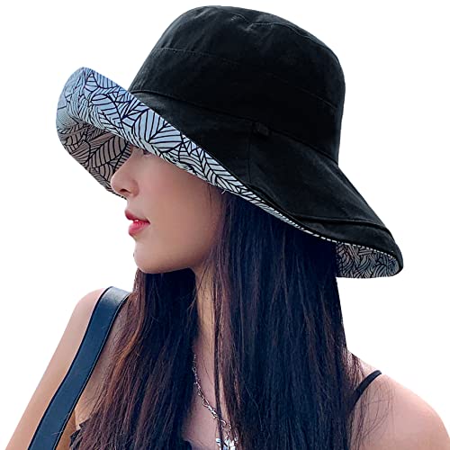 HUAMULAN Women Summer Sun Hat Wide Brim Wired Edge Floral Beach Bucket Hats Reversible Foldable Travel UV Protection Lady Hat - color: M2246-black