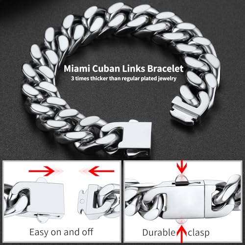 ChainsHouse Stainless Steel Cuban Link Bracelet for Men, 5mm/7mm/9mm/12mm Width, 7.5"/8.3"/9" Length, Black/18K Gold Plated Chain Wrist Bracelets for Men, with Gift Box - color: b. 14mm width-steel, size: 9.0 Inches