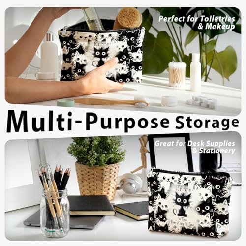 Funny Cat Makeup Bag for Women & Teen Girls, It's Fine I'm Fine Everything Fine Travel Pouches for Toiletries, Kitty Cosmetic Zipper Travel Toiletry Bag, Cute Black Cat Gifts for Cats Gifts Lovers - color: 02-Cat(04)