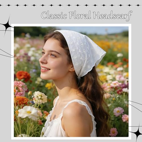 2 Pieces Head Bandana, Lace Head Scarf White Headband for Women Vintage Adjustable Kerchief Parties Dances Ballets