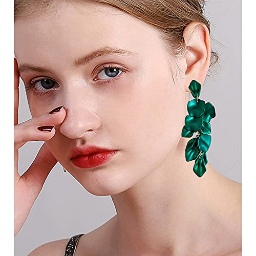 Long Acrylic Rose Petal Earrings Dangle Exaggerated Flower Earrings Drop Statement Floral Tassel Earrings for Women - color: Dark Green