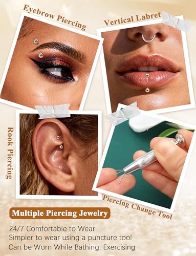 Eyebrow Piercing Jewelry Set with Tool, Surgical Steel Curved Barbell Kit with CZ, Spike & Ball Replacement Ends, Internal Thread 6mm/8mm/10mm Rook Daith Lip Rings for Women Men - color: 14G Silver