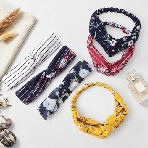 DRESHOW 10 Pack Boho Headbands for Women Vintage Cross Elastic Head Wrap Hair Accessories - color: 10 Pack C: Flower Printed Series X