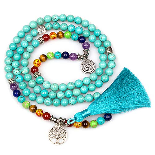 108 Mala Beads Necklace 7 Chakra Buddhist Prayer Beaded Bracelet Tree of Life Pendant Stone Yoga Necklace - color: Tassel-Turquoise