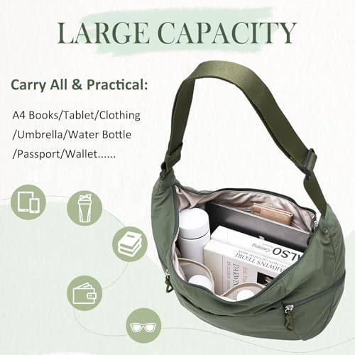 VASCHY Crossbody Crescent Bag for Women, Casual Lightweight Nylon Large Slouchy Hobo Bags Purses for Travel/Gym/Work/College - color: Deep Green