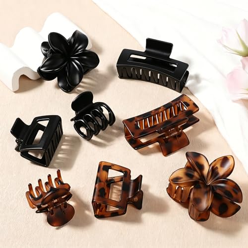 8 Pcs Matte Hair Clips for Women, Strong Hold Non-Slip Claw Clips for Girls, Flower Hair Clips for Thin Hair, Rectangle Claw Clips for Thick Hair, Neutral Colors Hair Accessories (Deep Leopard) - color: Deep Leopard