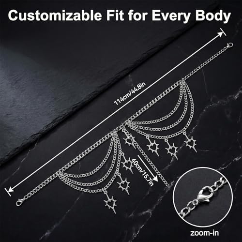 Star Waist Chain Belt for Women Punk Gothic Crossover Body Belly Chains Tassel Adjustable Metal Plus Size Waist Chain Fashion Decorative Accessories for Jeans Dresses Girls Gifts